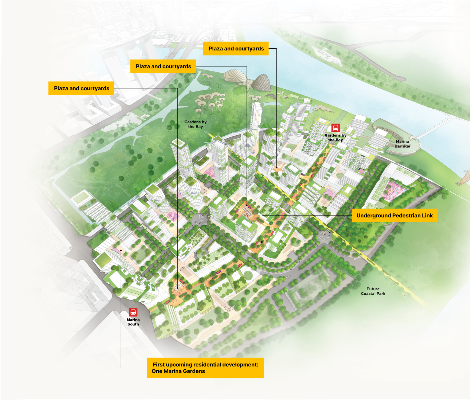 Landscape plan of One Marina Gardens, a residential development in Singapore, with gardens, plazas, and pedestrian links highlighted.